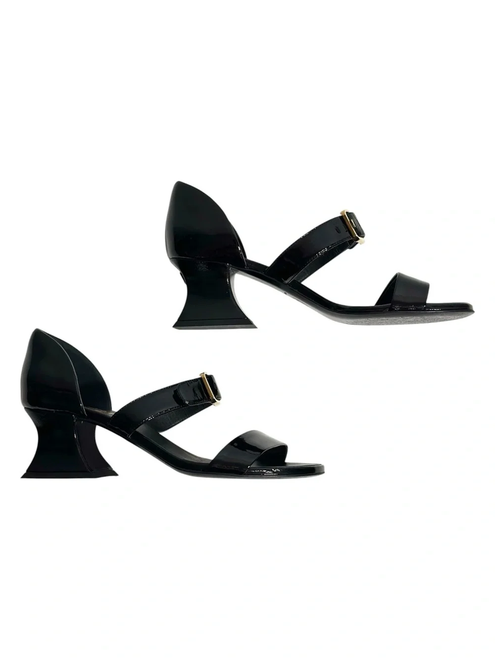 CHANEL Black Patent Goatskin 2022 22S Curved Block Heel Sandal size 36 Authentic